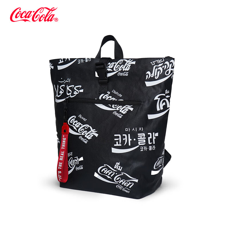 可口可乐(Coca-Cola)双肩包字母logo印花潮流运动休闲通勤包男女学生大容量电脑背包 黑色 京东折扣/优惠券