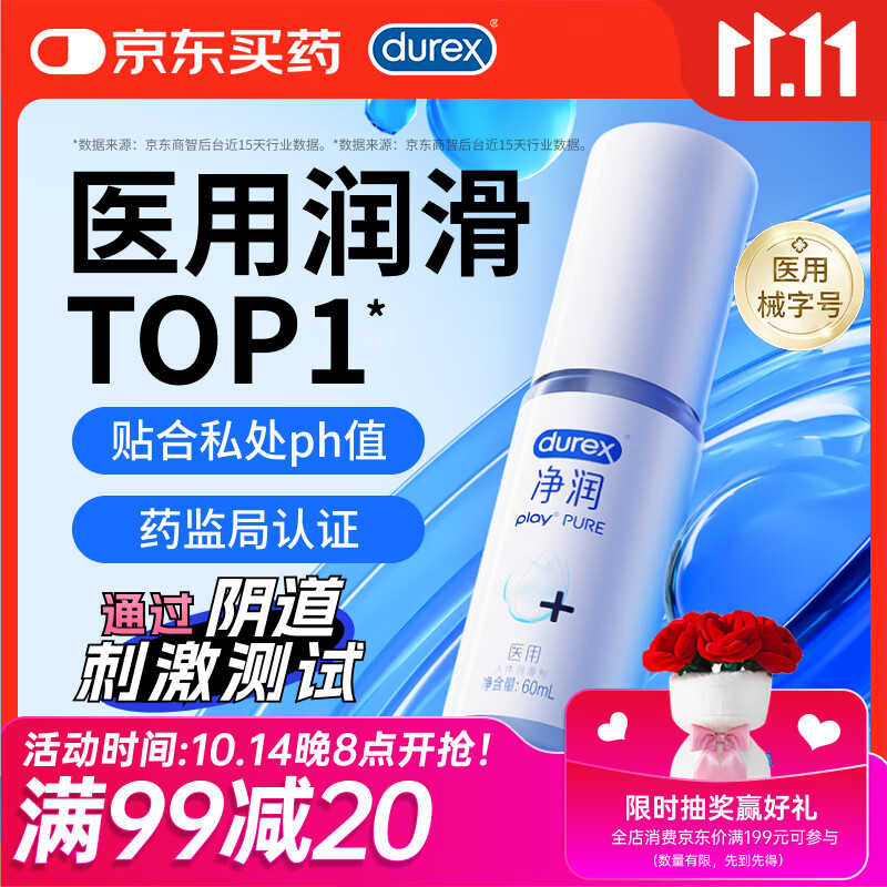 杜蕾斯（durex）净润人体医用润滑液60ml 情趣用品夫妻床上 润滑油剂房事免洗可舔