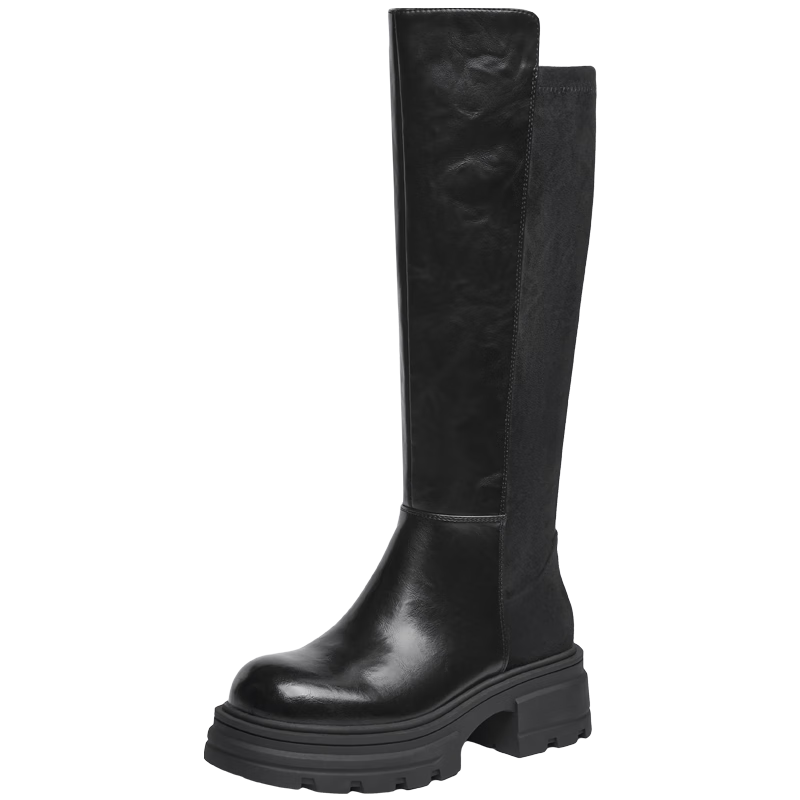 卓詩(shī)尼厚底長(zhǎng)筒靴女2025新款秋冬高筒靴子小個(gè)子增高騎士靴 黑色 35