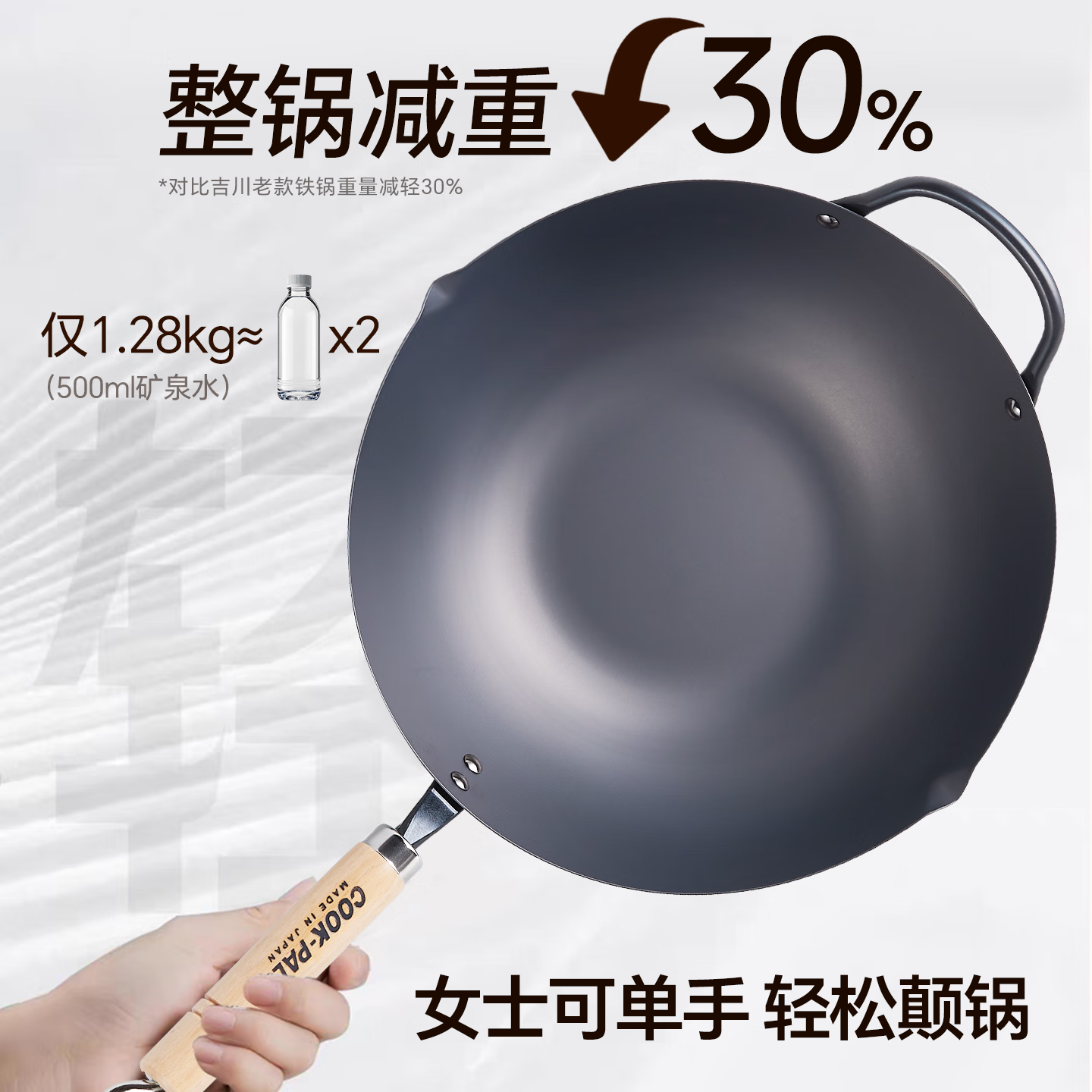 COOK-PAL吉川日本原装进口炒锅铁锅无涂层不粘锅熟铁氮化锅家用炒菜锅 锅+原装盖+原装铲+20cm雪平锅(关注店铺赠木筷) 36cm