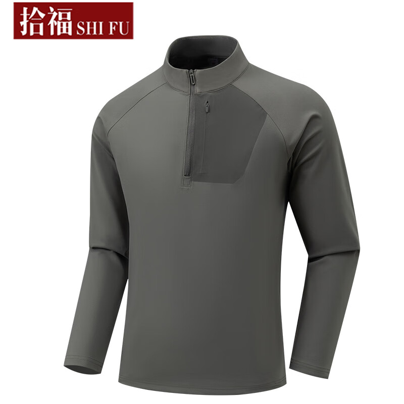 拾福(SHIFU)长袖T恤男装半拉链上衣日常休闲打底衫舒适内搭时尚宽松衣服秋装 军绿色 4XL (195-215斤)