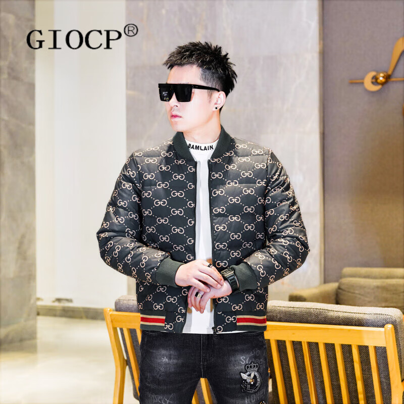 GIOCP香港潮牌短款羽绒服男冬季时尚潮流字母印花棒球领休闲羽绒夹克男 灰色 M