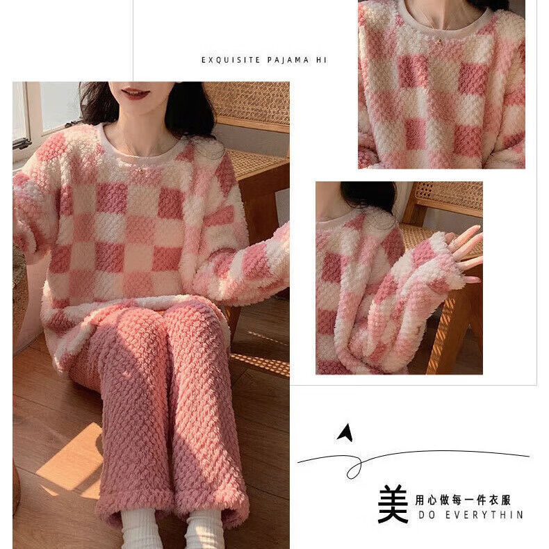 有只绵玫瑰绒睡衣女秋冬季加绒加厚格子睡衣园领可外穿法兰绒居家服 粉格子 套装 均码 80-150