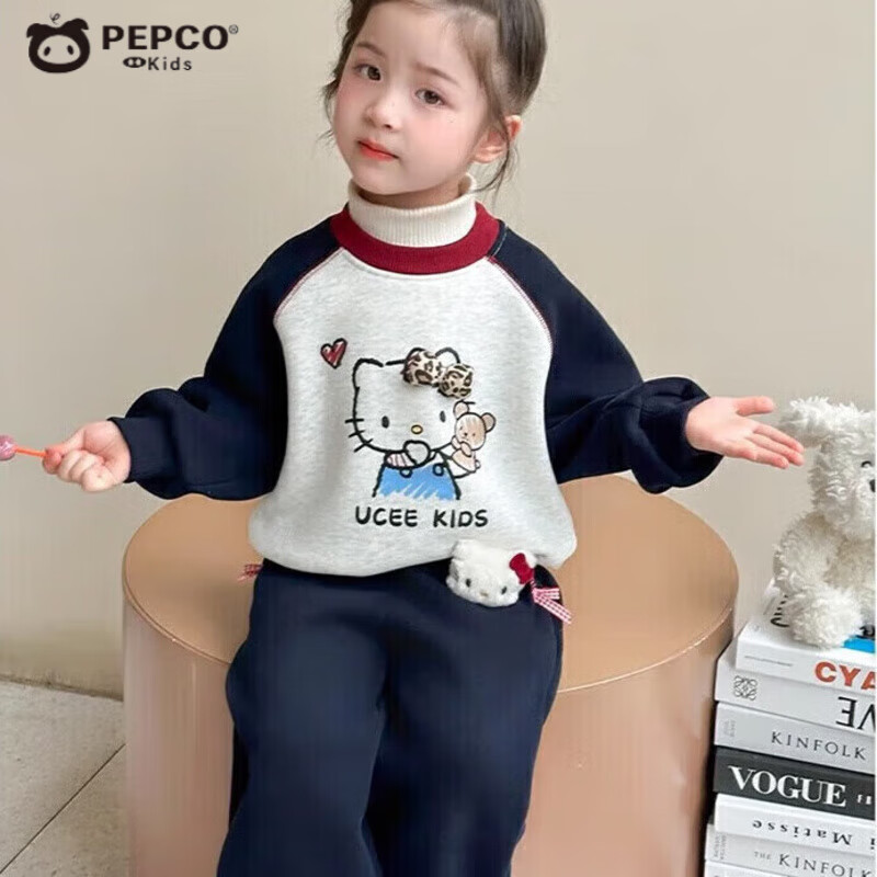 小猪班纳（PEPCO）女童套装可爱立体玩偶卡通猫咪秋冬季新款加绒加厚卫衣裤子两件套 KX【撞色KT小猫】 加绒 150 (建议身高140-150cm)