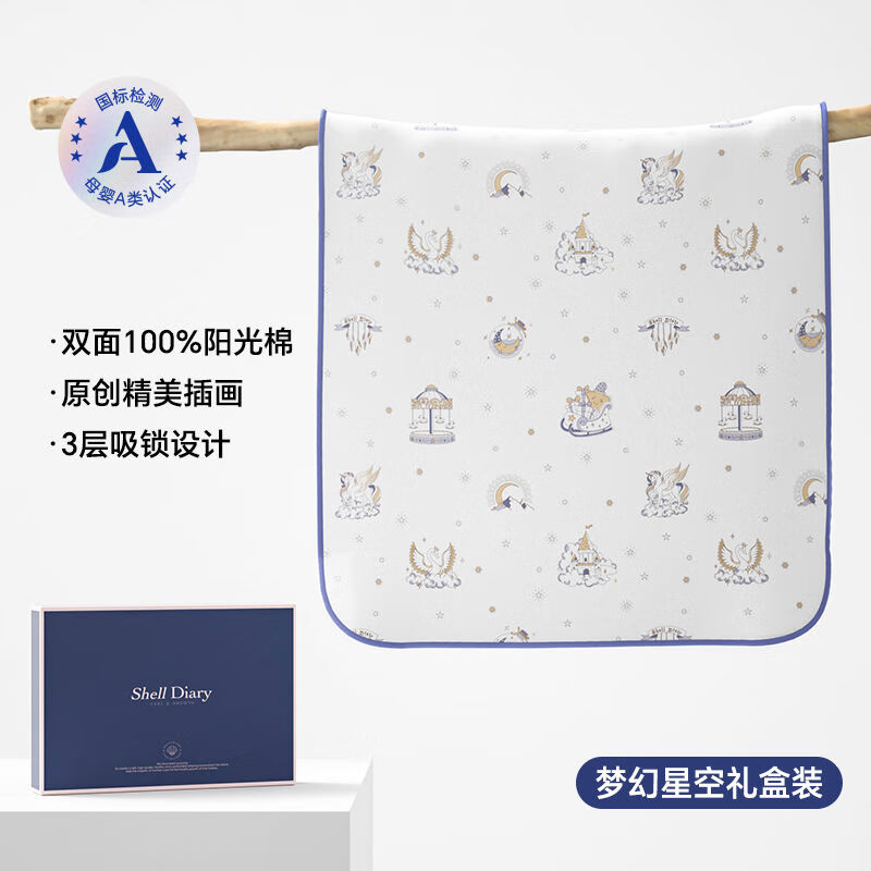 貝殼日記（SHELL DIARY）貝殼日記嬰兒隔尿墊防水寶寶透氣純棉床罩大尺寸可水洗兒童隔夜墊 夢(mèng)幻星空雙面印花三層款 80x60cm