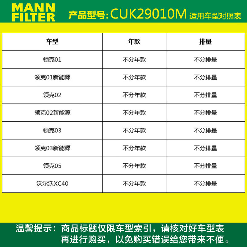 曼牌（MANNFILTER）空调滤清器*空调滤芯CUK29010M领克01 02 03 05 沃尔沃XC40星瑞