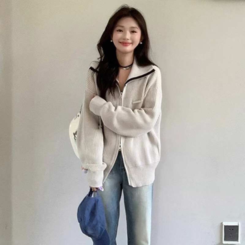 相伊恋人针织衫女秋冬2025新款开衫外套可外穿宽松显瘦拉链毛衣小香风上衣 米灰色【韩系复古抗起球】 均码 【适合80-140斤】