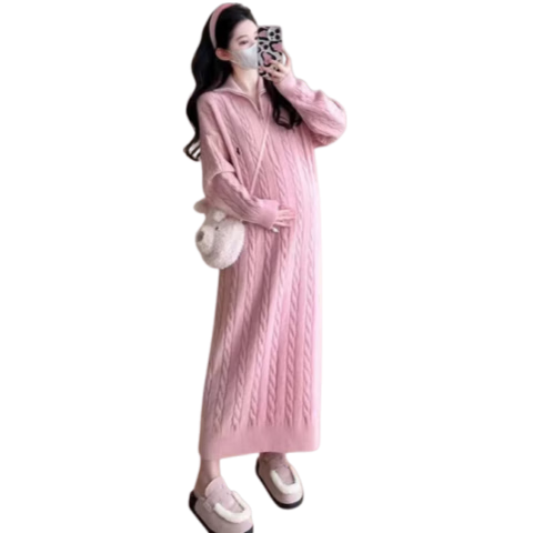 苒祺祺孕婦裝秋冬連衣裙2025新款仙女針織裙子氣質(zhì)大碼孕婦毛衣冬款加厚 粉色 M