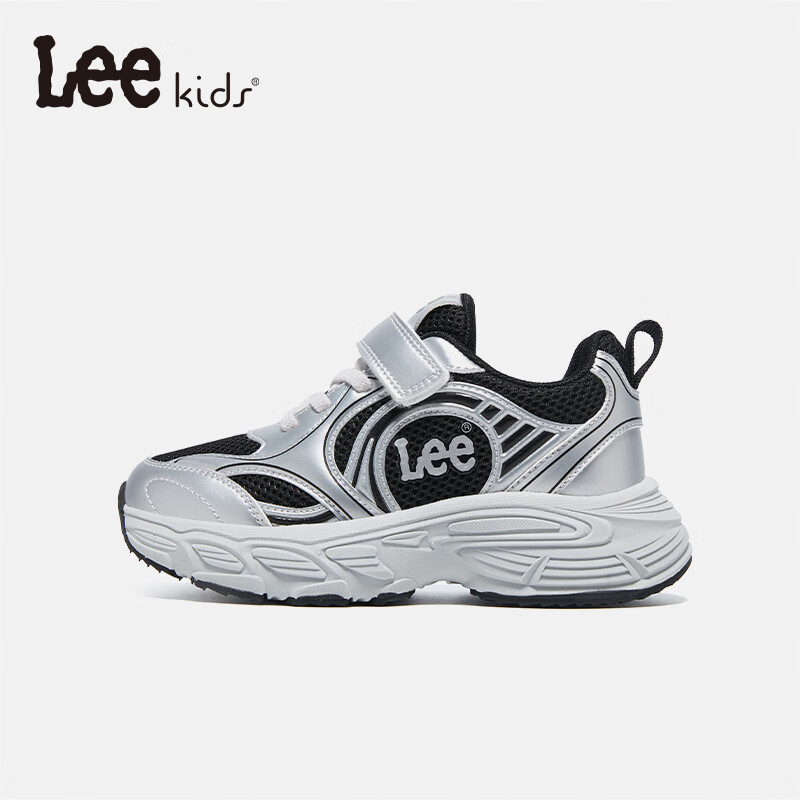 Lee童鞋春季新款儿童透气运动鞋男大童防滑网面跑步鞋女童休闲老爹鞋 黑银 33 【建议脚长200-205mm】
