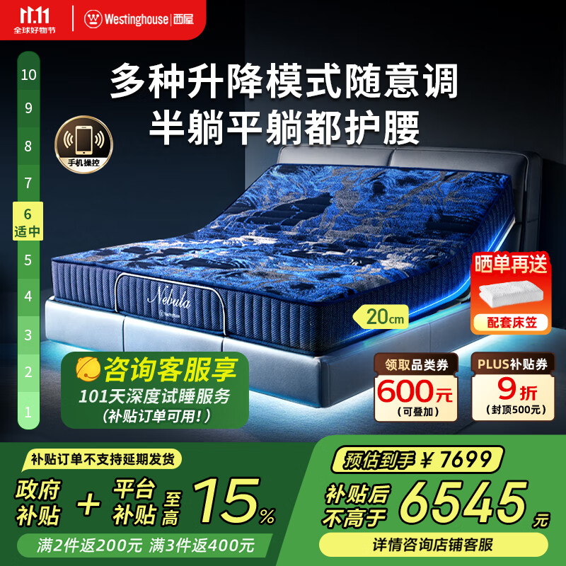 西屋（Westinghouse）M2pro 多功能电动床现代简约卧室双人高端软床垫电动智能床垫 M2pro升级款（手机控制）星云蓝 1.8*2m