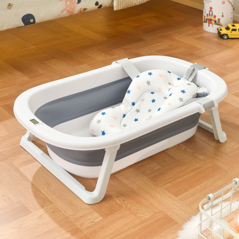 菲尔洁婴儿洗澡盆可折叠浴盆儿童浴盆大号宝宝可坐可躺家用新生儿童用品 灰色折叠浴盆+感温+悬浮垫 【76*49*20厘米】环保PP+TPE
