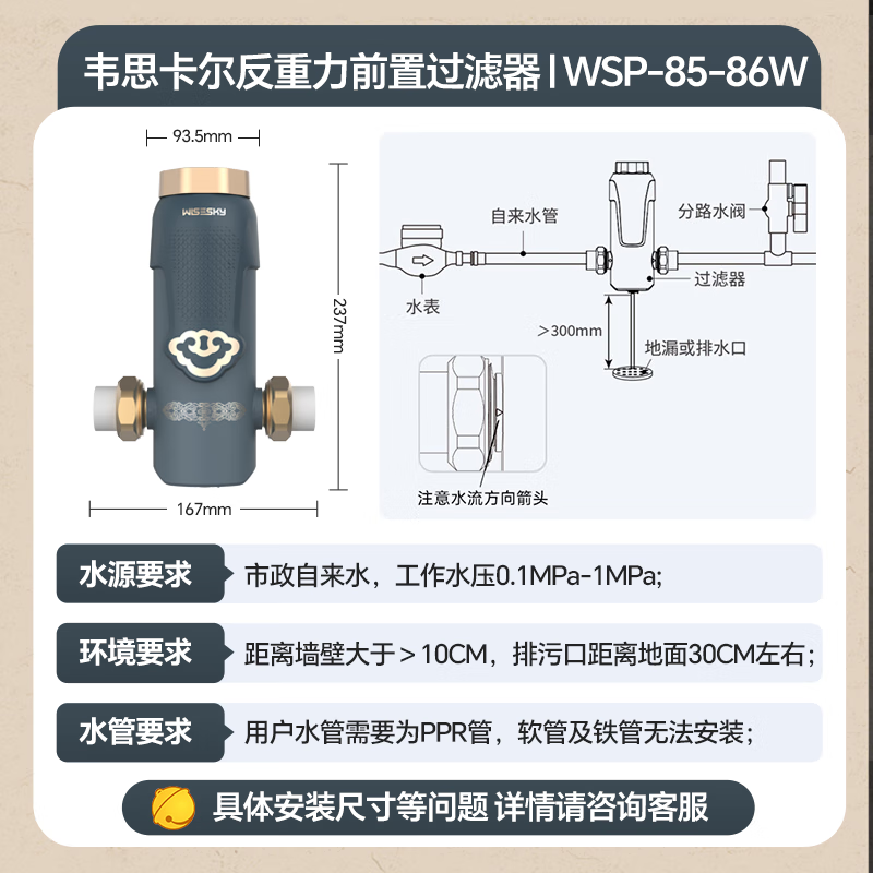 WISESKY韦思卡尔净宝瓶定制款反重力前置过滤器10T/H大流量家用反冲洗WSP-85-86T 【自己安装】净宝瓶-东方美学-黛青色