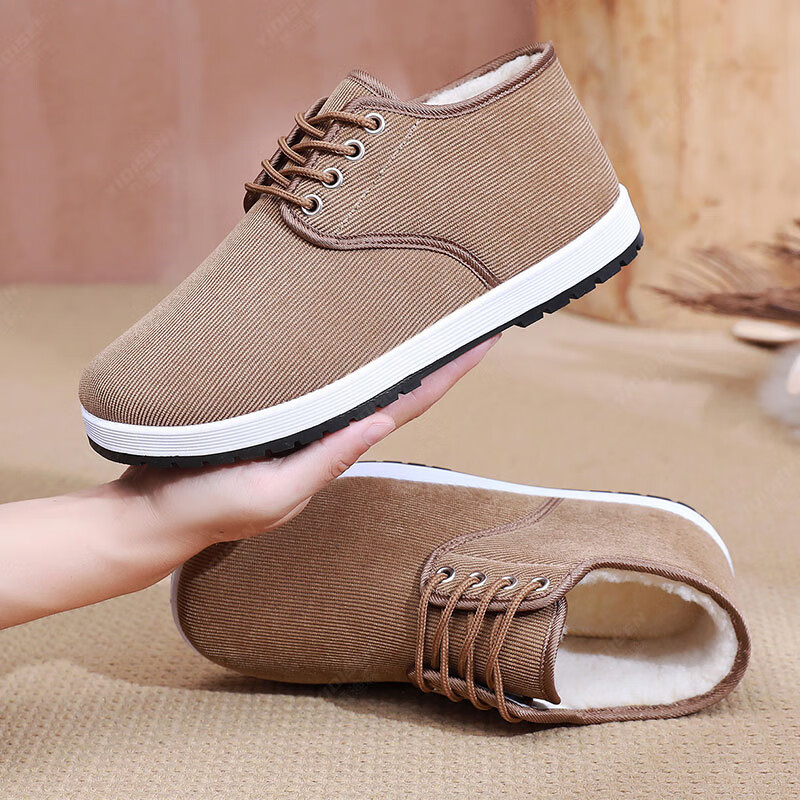 意迪森老北京棉鞋男款冬季高帮棉鞋中老年一脚蹬加绒加厚舒适保暖爸爸鞋 卡其色【加厚绵羊毛内里】 加绒 【鞋内送绵羊毛鞋垫】 44 (270mm) 正码正拍