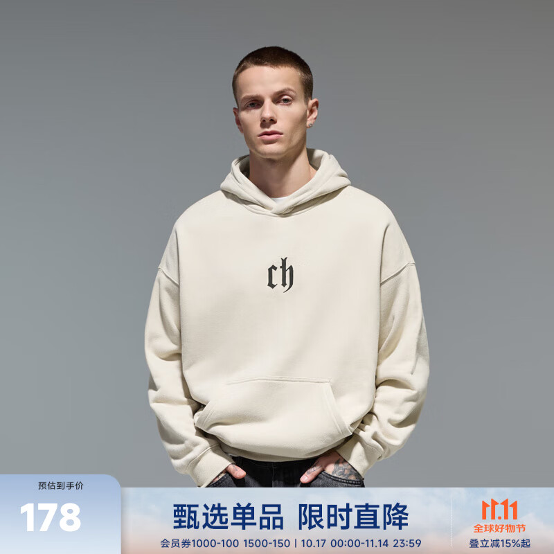 CHINISM CH赤尘时尚简约logo印花连帽卫衣男士春秋款休闲情侣帽衫上衣 卡其色 （偏宽松，建议拍小一码） L