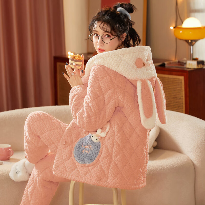 chunnian睡衣女冬季三层夹棉袄加厚加绒珊瑚绒保暖法兰绒家居服套装可外穿 KJ-62727豆沙 2XL