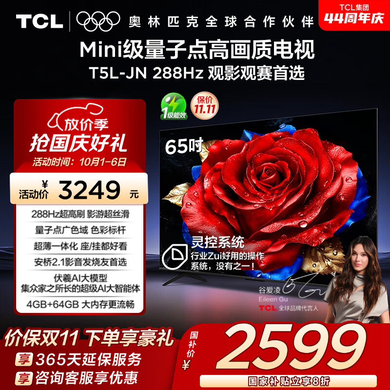 TCL电视 65T5L-JN 65英寸 288Hz高刷 QLED量子点 DeepSeek AI电视 超薄 以旧换新 国家补贴20%