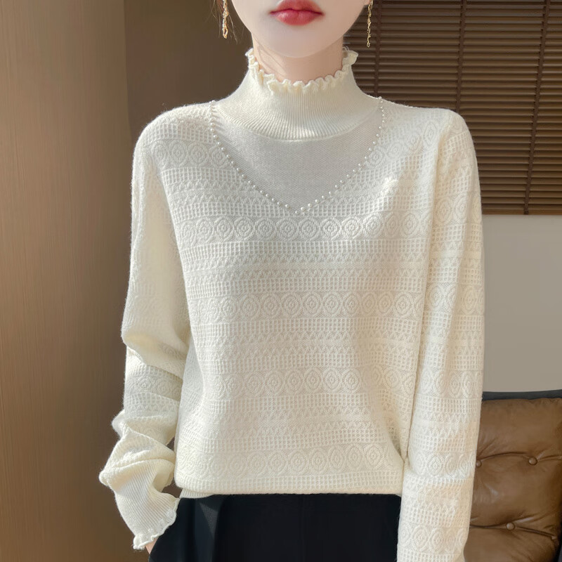 香影芬木耳边花边领半高领洋气小香风针织衫女宽松秋冬外穿毛衣打底衫女 米白色 L (建议105-115斤)