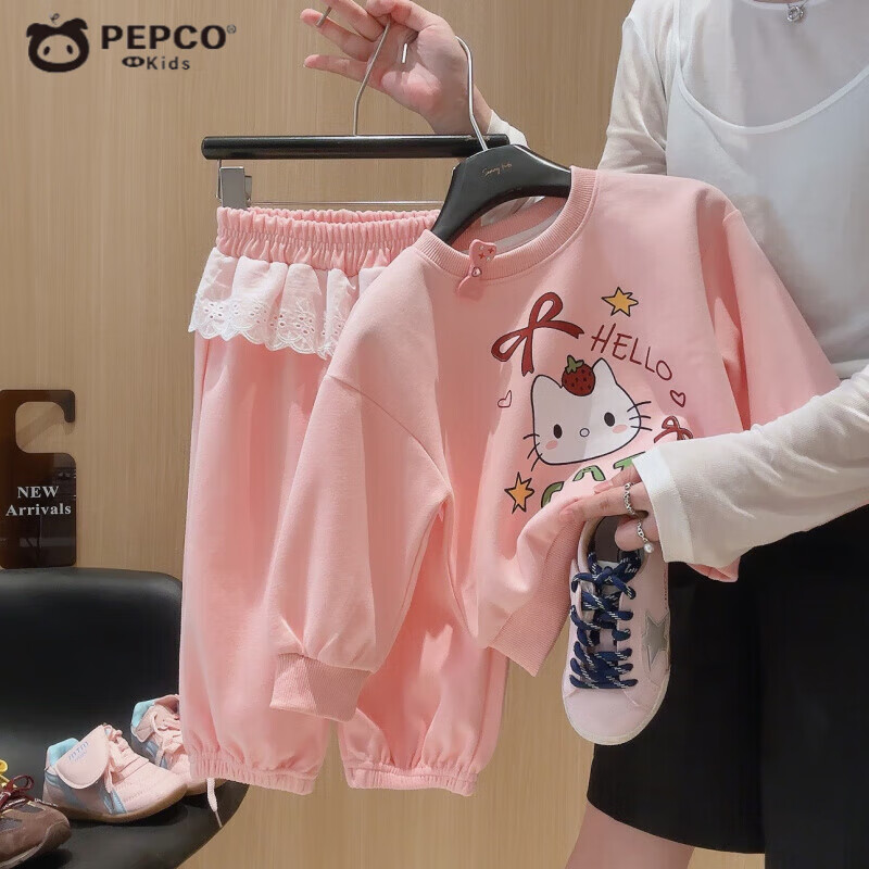 小猪班纳（PEPCO）女童卫衣套装可爱卡通印花秋季新款儿童洋气秋装宝宝屁帘裤两件套 MTH【猫咪】套装-粉色 120 (建议身高105-115cm)