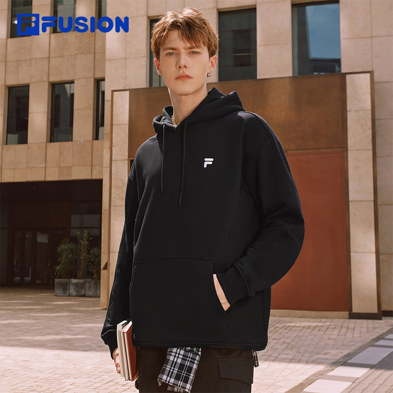 FILA FUSION斐乐潮牌情侣款连帽卫衣2025冬新款休闲加绒针织上衣 正黑色-BK L 175/96A/L