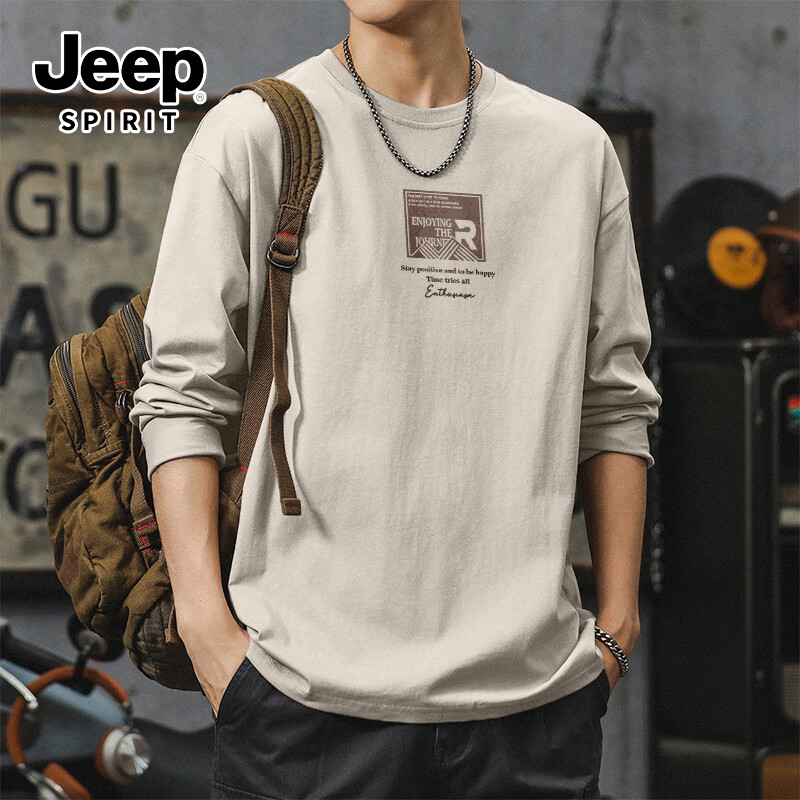JEEP SPIRIT吉普重磅长袖t恤男春季纯棉透气男款打底衫美式复古休闲亲肤上衣