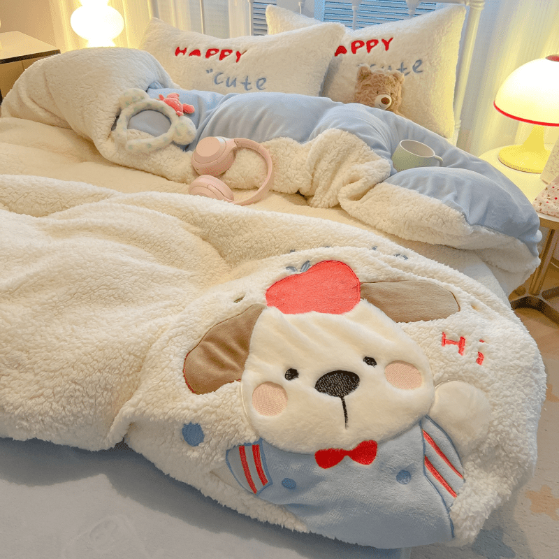 苏萱加厚牛奶羊羔绒床上四件套卡通贴布绣被套珊瑚绒床单笠冬季三件套 苹果狗-奶油白 1.8m 床单款 四件套-被套200x230cm