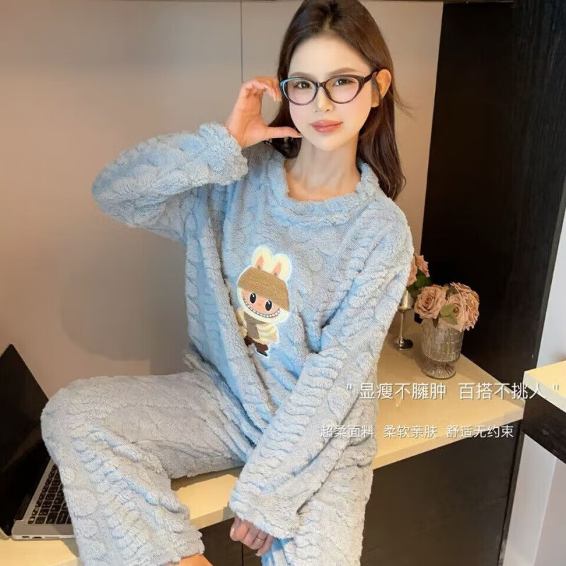 宝娜斯(BONAS)家居服套装秋冬款珊瑚绒宽松束脚松紧腰懒人睡裤家居睡衣 奶黄-兔兔 均码 (90-160斤)