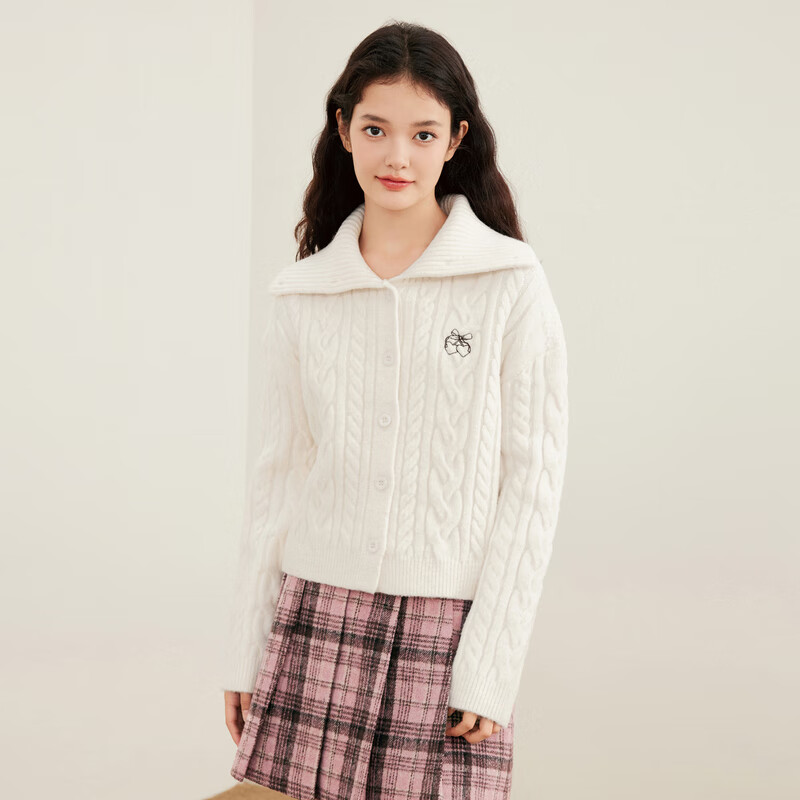 乐町大翻领线开衫立领两穿毛衣宽松外套 香草白(现货) S