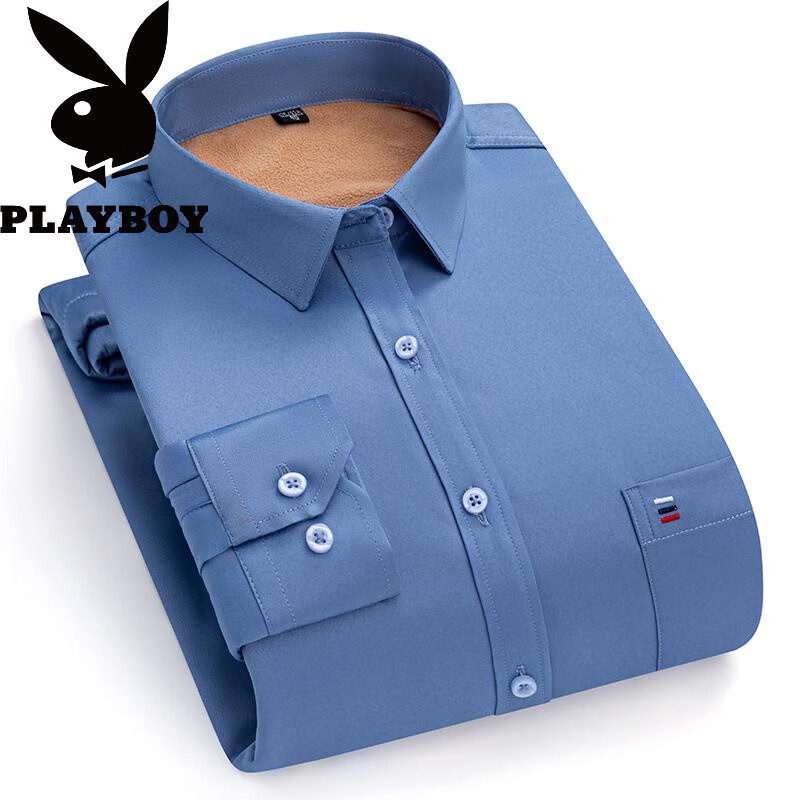 花花公子(PLAYBOY)加肥大码中老年男士保暖长袖衬衫冬季加绒爸爸装保暖衬衣冬装 A513藏青色 锁温保暖 加绒 加厚 39 【建议90-110斤