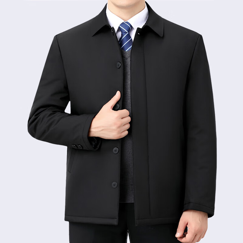 中年棉衣男士夹棉外套中老年爸爸装秋冬季加厚行政夹克薄棉服棉袄 【纽扣款】黑色/加棉 2XL 【建议体重130斤-150斤】