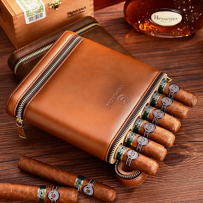 茄龙 （CIGARLOONG）雪茄套雪松木皮套古巴烟盒保湿皮套雪茄盒便携式五支装 六支装棕色