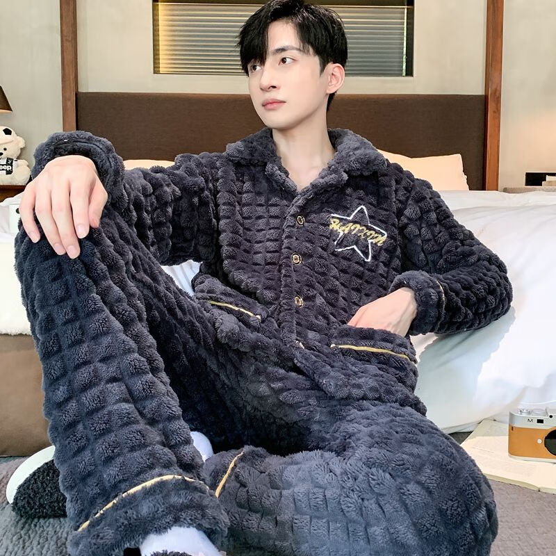 维多利亚的格调珊瑚绒睡衣男秋冬青少年加厚加绒长袖高中生毛绒家居服法兰绒套装 男长毛绒ZHL-方块格深灰五角星8153 XL (120-140斤