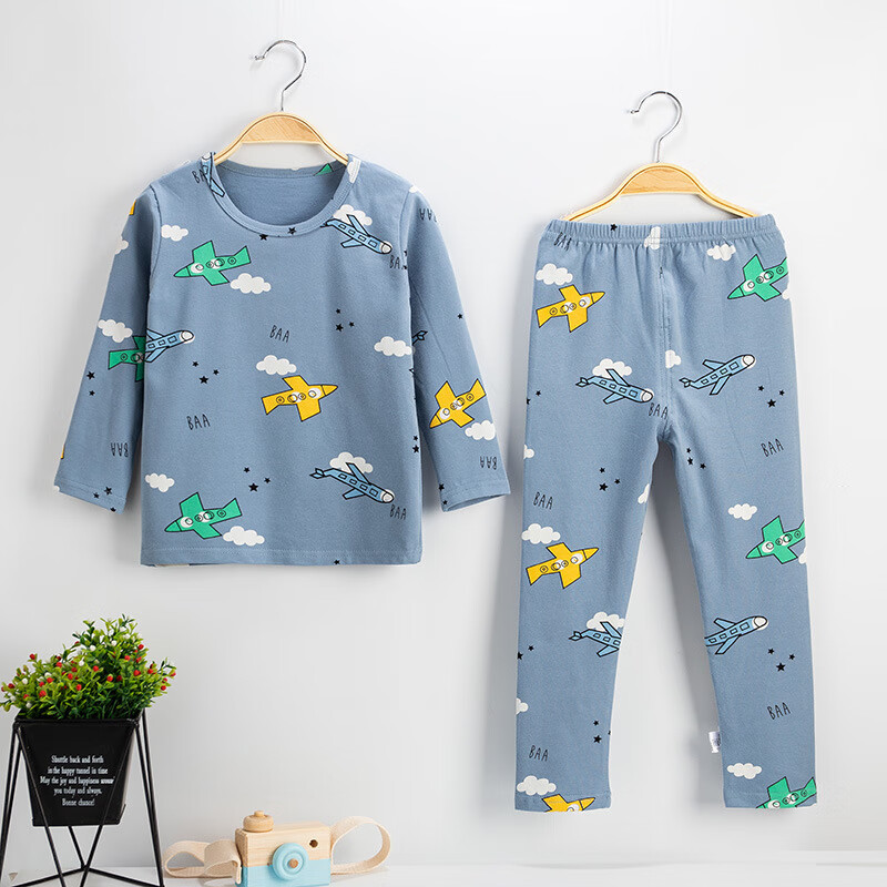 小猪班纳儿童莱卡棉弹力内衣套装秋衣秋裤打底男童女童中童家居服睡衣 飞向蓝天(灰蓝) 90 建议身高70-80cm