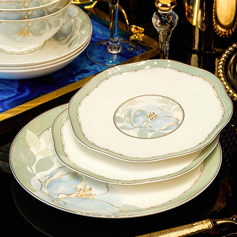 曼远釉下彩景德镇陶瓷餐具高颜值中式碗盘碟套装轻奢高级感乔迁新居礼 花影鎏金【16人配置】 102件套