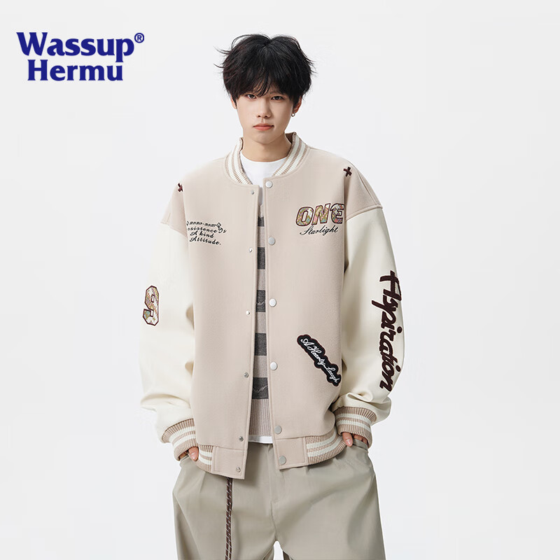 WASSUP HERMU官方外套男春秋季高街痞帅棒球领夹克美式刺绣设计学生穿搭棒球服 卡其 S （推荐100-120斤）