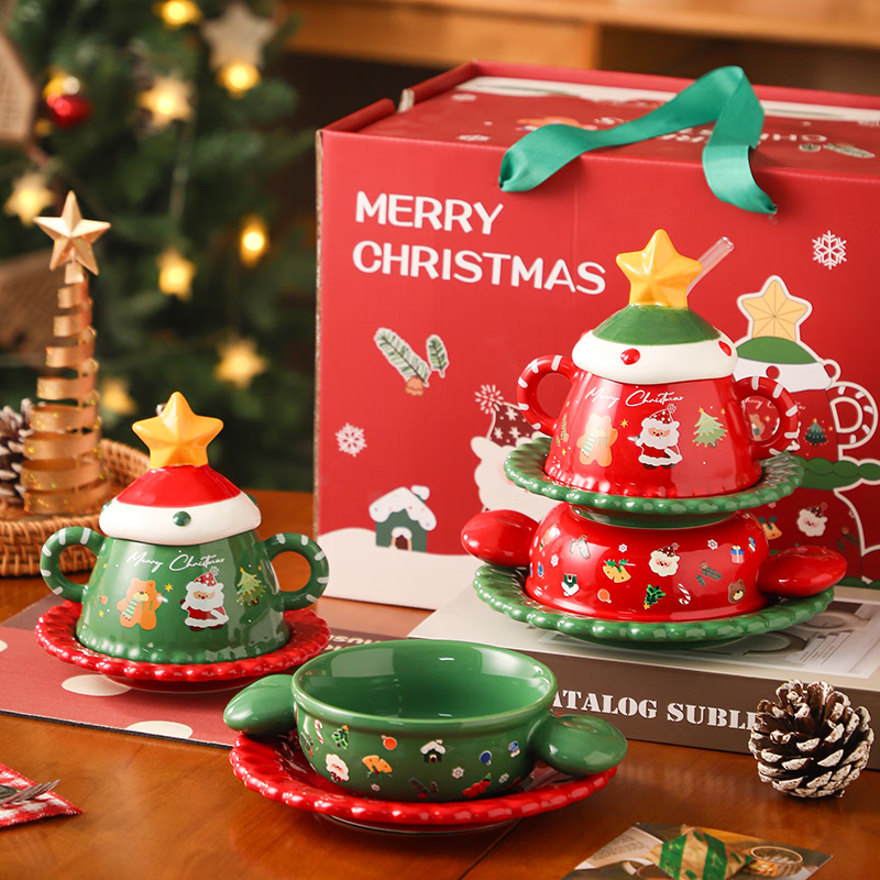 LAPULIAO圣诞节礼物送女生闺蜜创意餐具杯子实用送公司同事老师平安夜礼品 圣诞红色-餐具杯子套装【圣诞礼盒装】