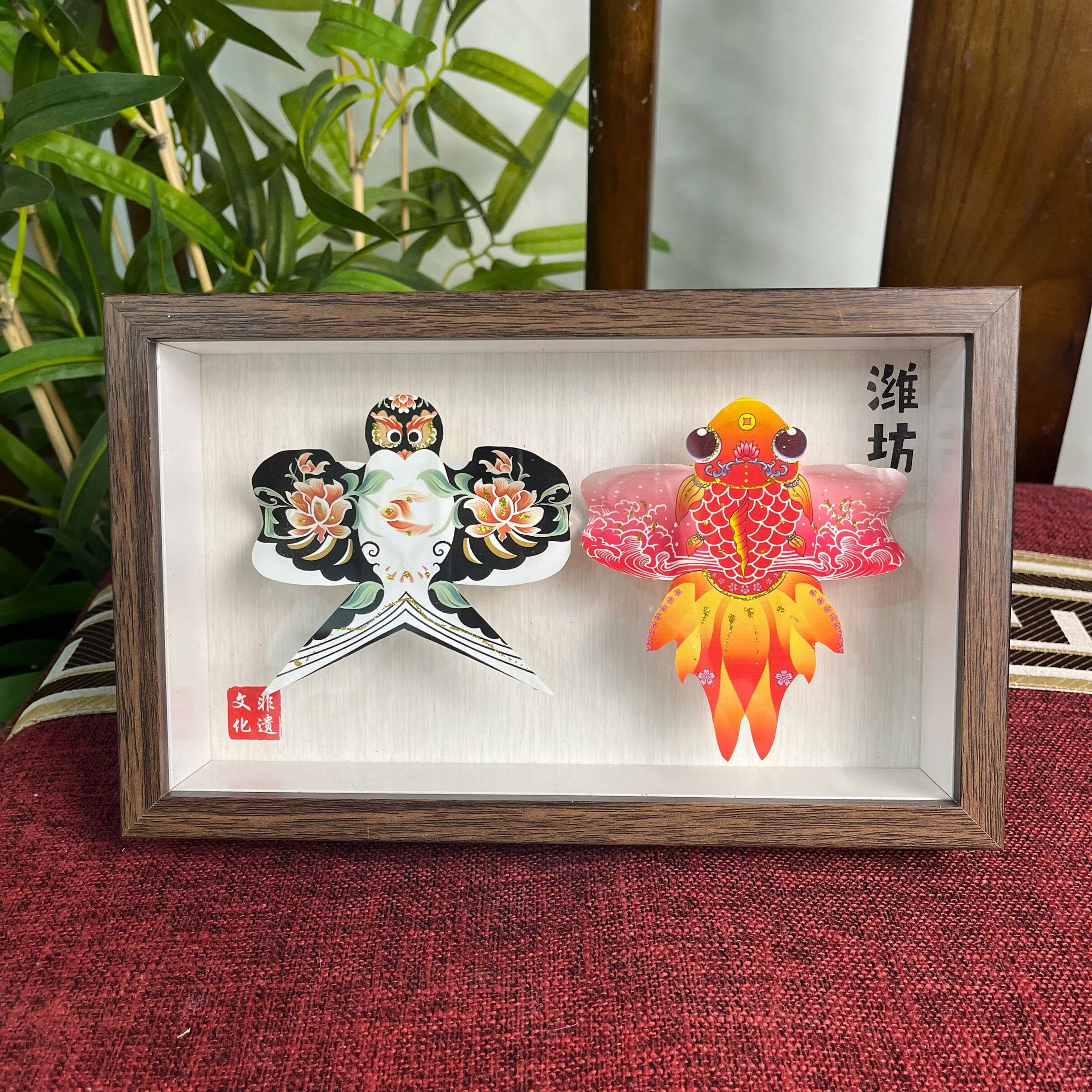 潍坊非遗风筝摆件创意礼盒装手工收藏品商务装饰文创 白牡丹加红锦鲤