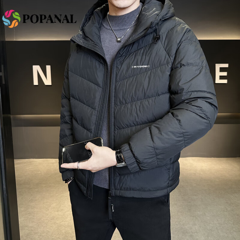 POPANAL香港潮牌2025冬季新款轻薄排骨服男士潮流连帽简约休闲羽绒服外套 黑色 M