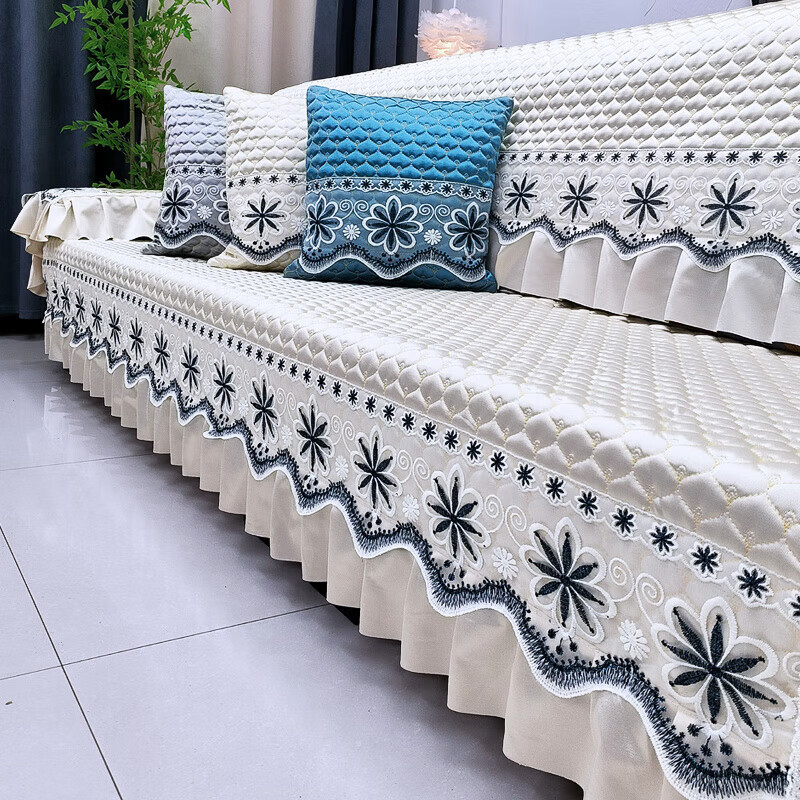 眷耐沙发罩客厅2025新款直排沙发垫套可定制轻奢四季通用加厚防尘防滑 雪尼繁花-灰 带花边宽100*390cm【1片】