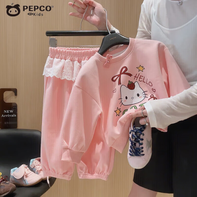 小猪班纳（PEPCO）女童卫衣套装可爱卡通印花秋季新款儿童洋气秋装宝宝屁帘裤两件套 MTH【猫咪】套装-粉色 140 (建议身高125-135cm)