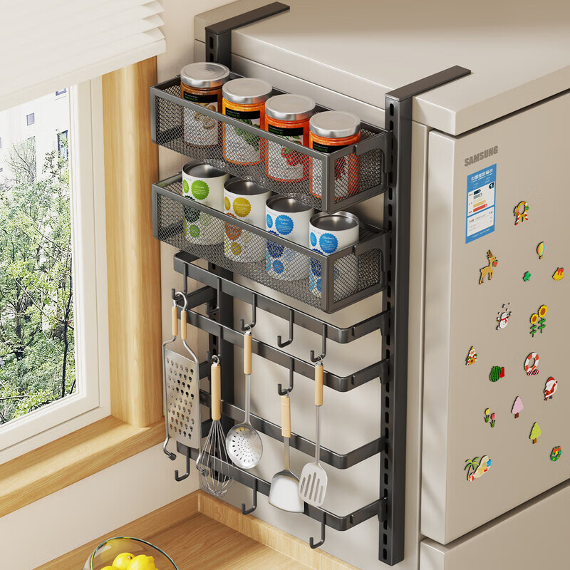 木格格冰箱侧面置物架厨房多功能置物架多层收纳架调料架免打孔厨具挂架 黑色