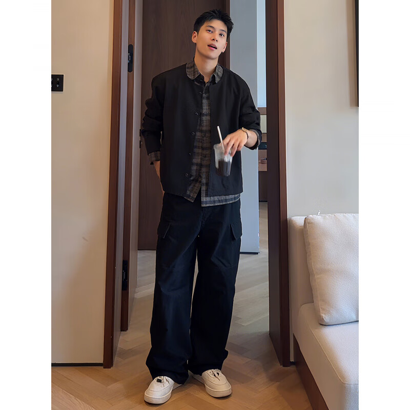 轩森图（XUANSENTU）假两件黑色格纹衬衫领针织衫男款韩系氛围感早秋上衣毛衣开衫外套 黑色 S (推荐85-100斤)