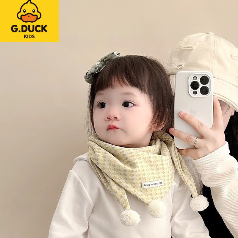 G.duck小黄鸭儿童围巾秋冬季婴儿保暖围脖宝宝防风三角巾男童女宝百搭可 小花白标三角巾 黄色 1-8岁