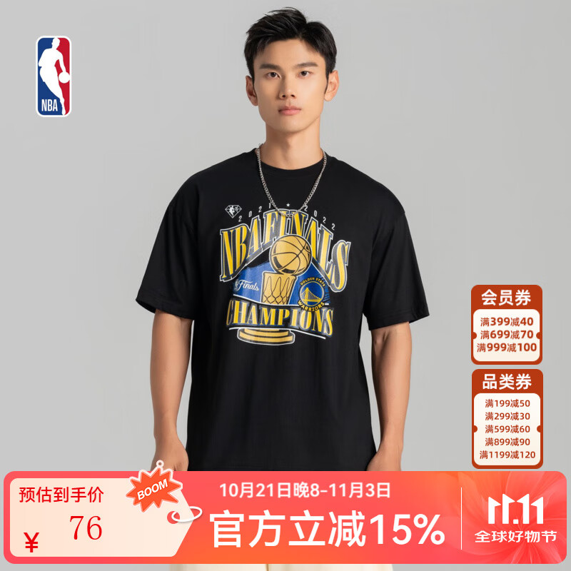 NBA-2022赛季勇士队纪念款男子T恤夏季圆领速干衣运动短袖投篮服 子夜黑/005 XS