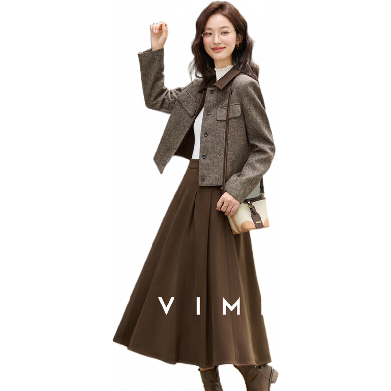 梵希蔓咖色复古毛呢套装女25年冬季新款翻领上衣搭半身长裙两件套 A3125 咖色 L （建议110-120斤）