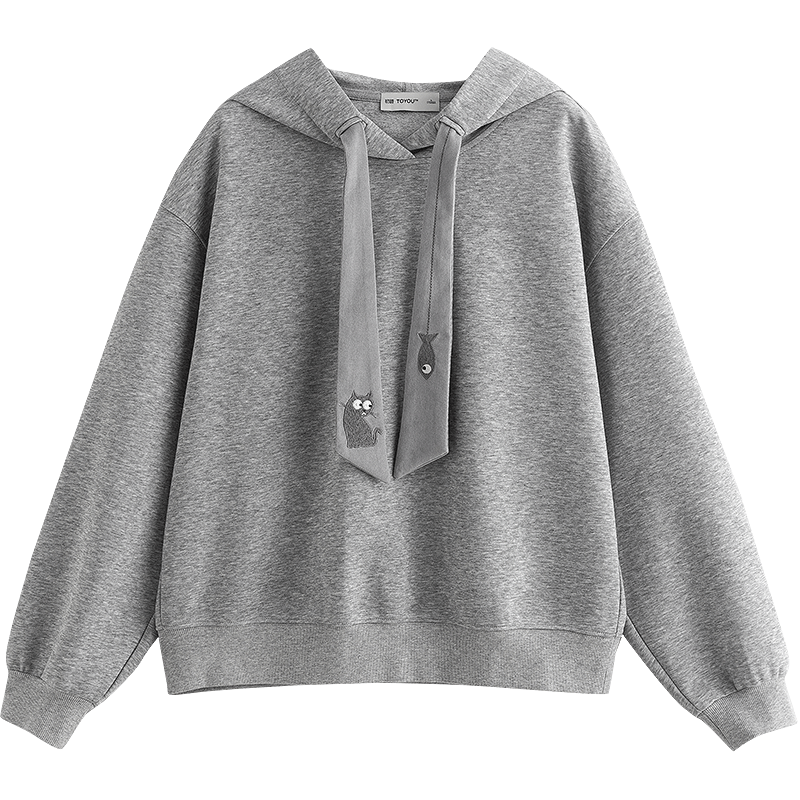 初语卫衣女2025秋季新款棉质猫咪刺绣领带连帽学院风小个子上衣 花灰色 M