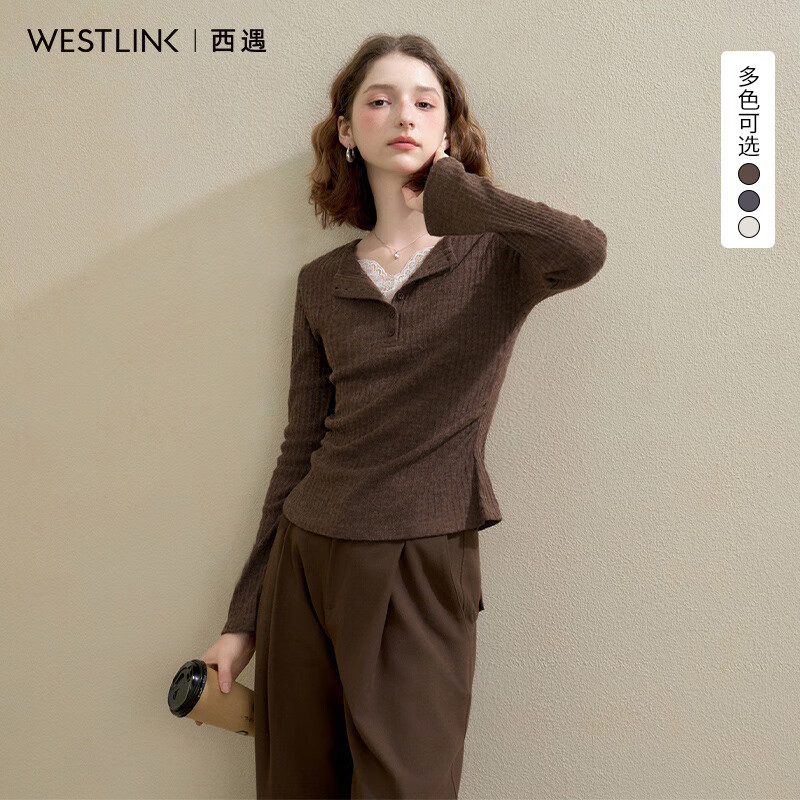 西遇蕾丝拼接假两件V领长袖针织衫女2025秋季修身显瘦软糯T恤上衣 咖色 （L/XL预售15天） L (165)