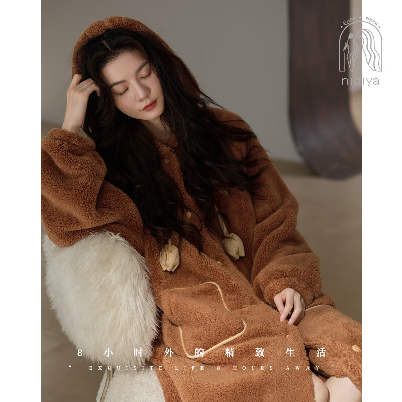 妮狄娅睡衣睡袍女冬季珊瑚绒连帽中长款甜美复古可外穿保暖家居服 焦糖橘 QF25482 XL (170) 【参考体重125-140斤】