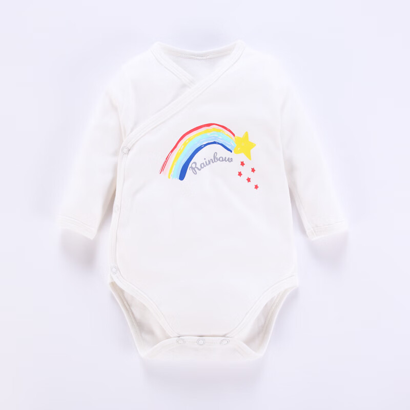 花花寶貝寶寶包屁衣秋裝長袖純棉新生嬰兒和尚服三角哈衣雙層護(hù)肚連體睡衣 白彩虹 59cm