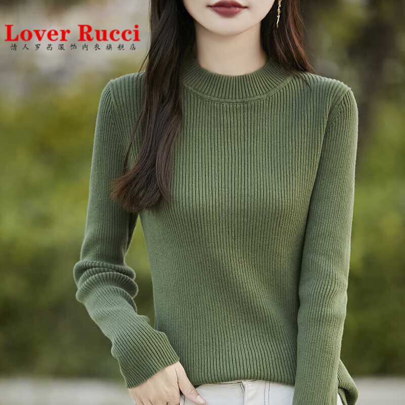 LOVER RUCCI100纯棉线半高领针织打底衫女秋季全棉内搭长袖毛衣宽松百搭上衣 军绿色 XL 125-135
