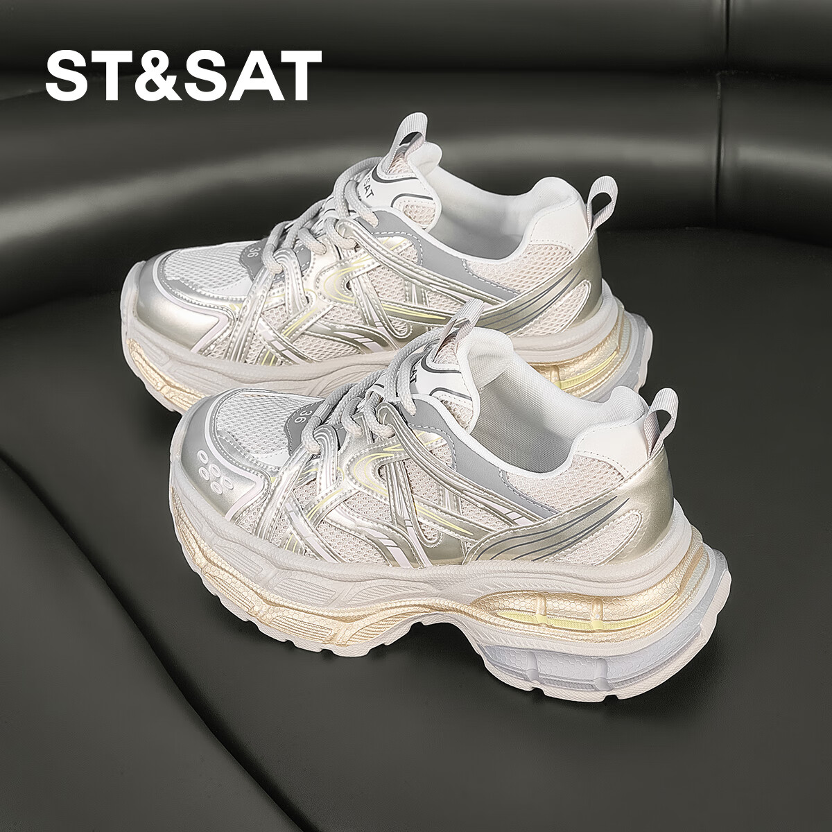 星期六爆款潮酷厚底老爹鞋女2025秋季新款小个子增高设计感休闲鞋 香槟色 35